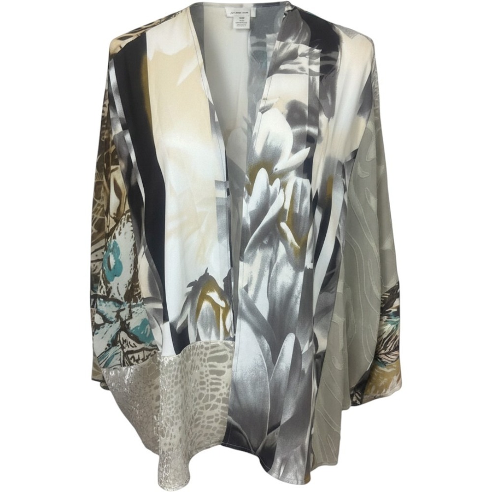 Chicos Travelers Sheer Kimono Jacket Boho artsy Floral Animal Art to Wear 3/XL